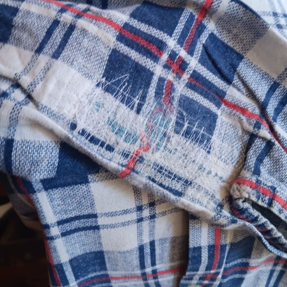 XS Vintage 70's Blue Top Plaid Buttery Flannel Button-Up Shirt Distress Repairs - Picture 6 of 9